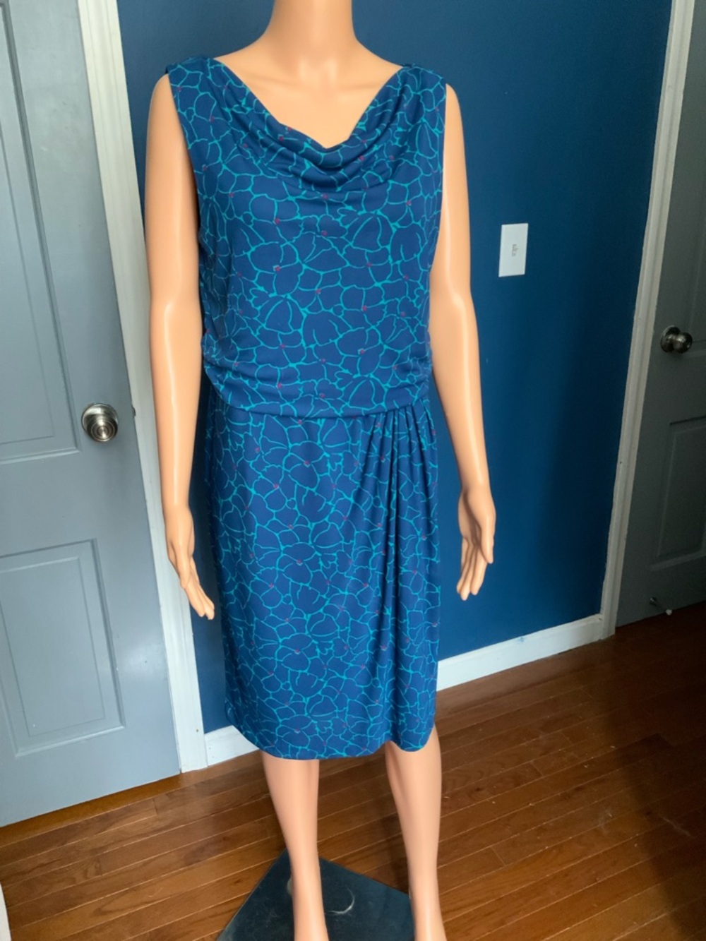Talbots Blue Teal Floral Cowl-Neck Midi Dress
